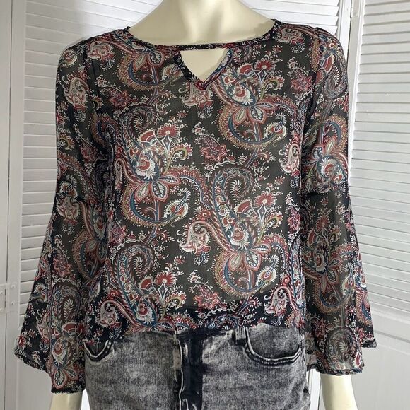 Vintage 90’s Y2K Sheer Paisley Bell Flute Sleeve Low Back Top Size Small - Picture 9 of 11